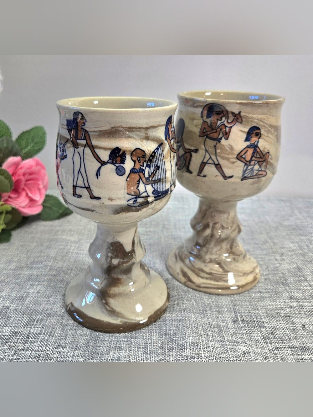 Vintage 1970s Lauren Japan Stoneware Goblets Egyptian Revival Marbled Swirl Set
